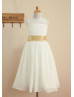Sheer Neck Ivory Chiffon Wedding Flower Girl Dress